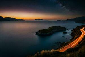 uma carro drives ao longo a estrada às pôr do sol sobre a oceano. gerado por IA foto