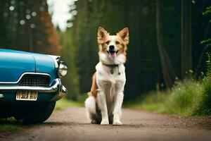 uma cachorro sentado em a lado do uma carro dentro a madeiras. gerado por IA foto