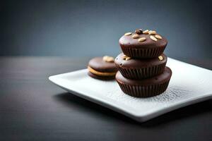 chocolate bolos de copo em uma branco placa. gerado por IA foto