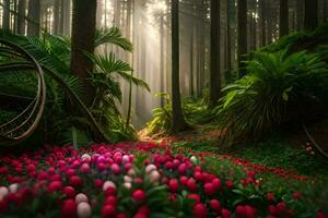 uma floresta com Rosa flores e árvores gerado por IA foto