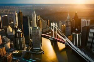 uma cidade Horizonte com uma ponte sobre uma rio. gerado por IA foto