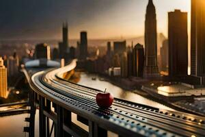 uma vermelho maçã senta em topo do uma ponte sobre uma cidade. gerado por IA foto