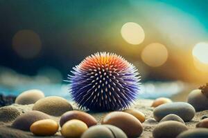 uma colorida espetado bola senta em a areia. gerado por IA foto