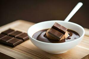 chocolate pudim com chocolate pedaços dentro uma tigela. gerado por IA foto