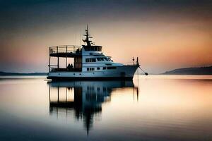 uma barco é Navegando em a água às pôr do sol. gerado por IA foto