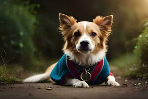 uma cachorro vestindo uma suéter deitado em a chão. gerado por IA foto