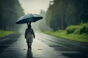 uma pessoa caminhando baixa uma estrada com a guarda-chuva. gerado por IA foto