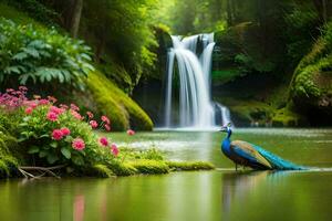 foto papel de parede água, a cachoeira, flores, pavão, cachoeira, a cachoeira, a cascata. gerado por IA