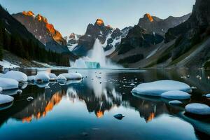 uma lindo montanha lago com neve e gelo. gerado por IA foto