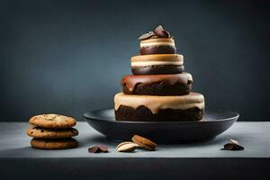 uma chocolate bolo com biscoitos em topo. gerado por IA foto