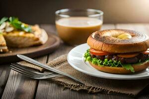 uma bagel sanduíche com alface, tomate e queijo em uma branco placa. gerado por IA foto