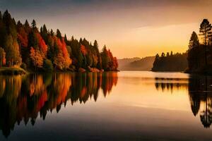 uma lago cercado de árvores às pôr do sol. gerado por IA foto