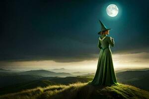 uma mulher dentro uma verde vestir carrinhos em uma Colina negligenciar a lua. gerado por IA foto