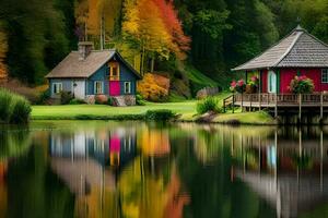 colorida casas em a lago com colorida árvores gerado por IA foto