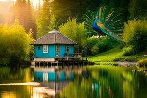 uma pavão é em pé em uma lago perto uma casa. gerado por IA foto