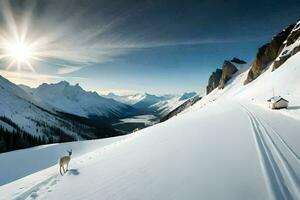 uma cachorro caminhando em neve dentro a montanhas. gerado por IA foto