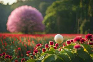 uma branco ovo sentado dentro uma campo do Rosa flores gerado por IA foto