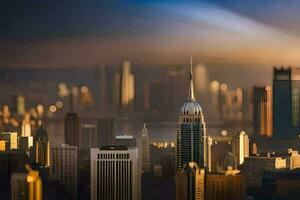 uma cidade Horizonte com uma brilhante luz brilhando em isto. gerado por IA foto