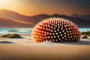 uma bola do Gravetos em a de praia com uma pôr do sol dentro a fundo. gerado por IA foto