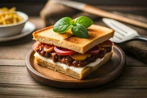 a sanduíche é servido com uma lado do fritas e uma lado do queijo. gerado por IA foto