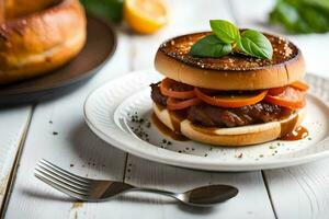 uma sanduíche com carne e legumes em uma branco placa. gerado por IA foto