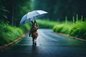 uma Coelho é caminhando baixa uma estrada com a guarda-chuva. gerado por IA foto