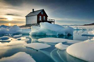 uma casa senta em topo do gelo floes dentro a meio do a oceano. gerado por IA foto