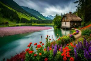 a casa é cercado de flores e montanhas. gerado por IA foto