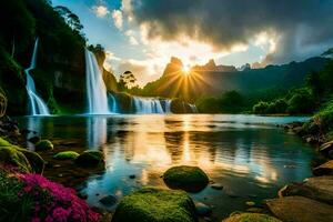 a Sol sobe sobre uma cascata dentro a montanhas. gerado por IA foto