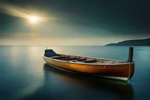 uma barco em a água às pôr do sol. gerado por IA foto