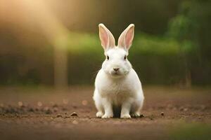 uma branco Coelho sentado em a terra dentro frente do uma verde fundo. gerado por IA foto