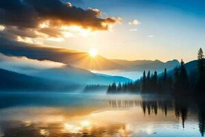 nascer do sol sobre uma lago dentro a montanhas. gerado por IA foto