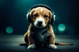 uma cachorro vestindo fones de ouvido senta em a chão. gerado por IA foto