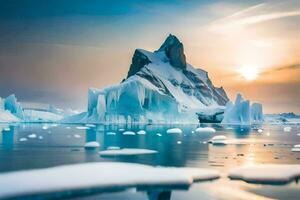 a Sol conjuntos sobre a iceberg dentro a oceano. gerado por IA foto