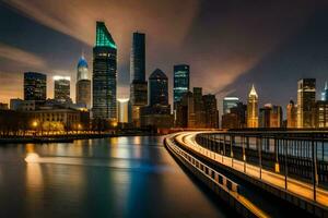 a cidade Horizonte às noite com luzes sobre. gerado por IA foto