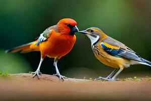 dois colorida pássaros em pé em uma ramo. gerado por IA foto