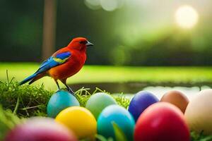 a pássaro é empoleirado em uma colorida ovo. gerado por IA foto