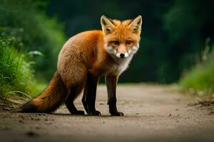 uma vermelho Raposa carrinhos em uma sujeira estrada. gerado por IA foto