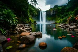 cascata dentro a selva. gerado por IA foto