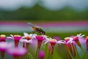 uma abelha em Rosa flores dentro uma campo. gerado por IA foto