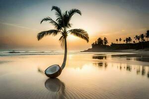 a coco árvore em a de praia às pôr do sol. gerado por IA foto