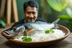 uma homem é sorridente enquanto segurando uma peixe dentro uma tigela. gerado por IA foto