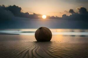 uma coco em a de praia às pôr do sol. gerado por IA foto