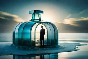 uma homem em pé dentro uma vidro garrafa em a de praia. gerado por IA foto