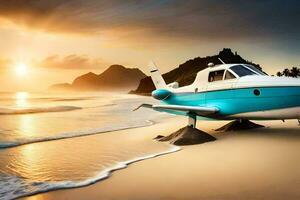 uma pequeno avião senta em a de praia às pôr do sol. gerado por IA foto