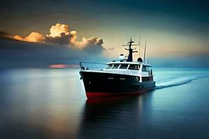 uma barco viajando em a oceano às pôr do sol. gerado por IA foto