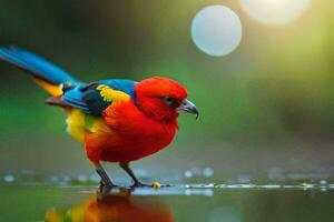 uma colorida pássaro em pé em a água. gerado por IA foto