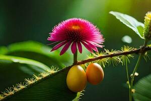 uma flor e dois frutas em uma plantar. gerado por IA foto