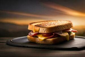 uma grelhado queijo sanduíche em uma Preto prato com uma pôr do sol dentro a fundo. gerado por IA foto