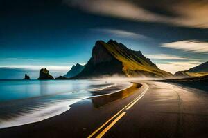 uma estrada conduzindo para a oceano dentro Islândia. gerado por IA foto